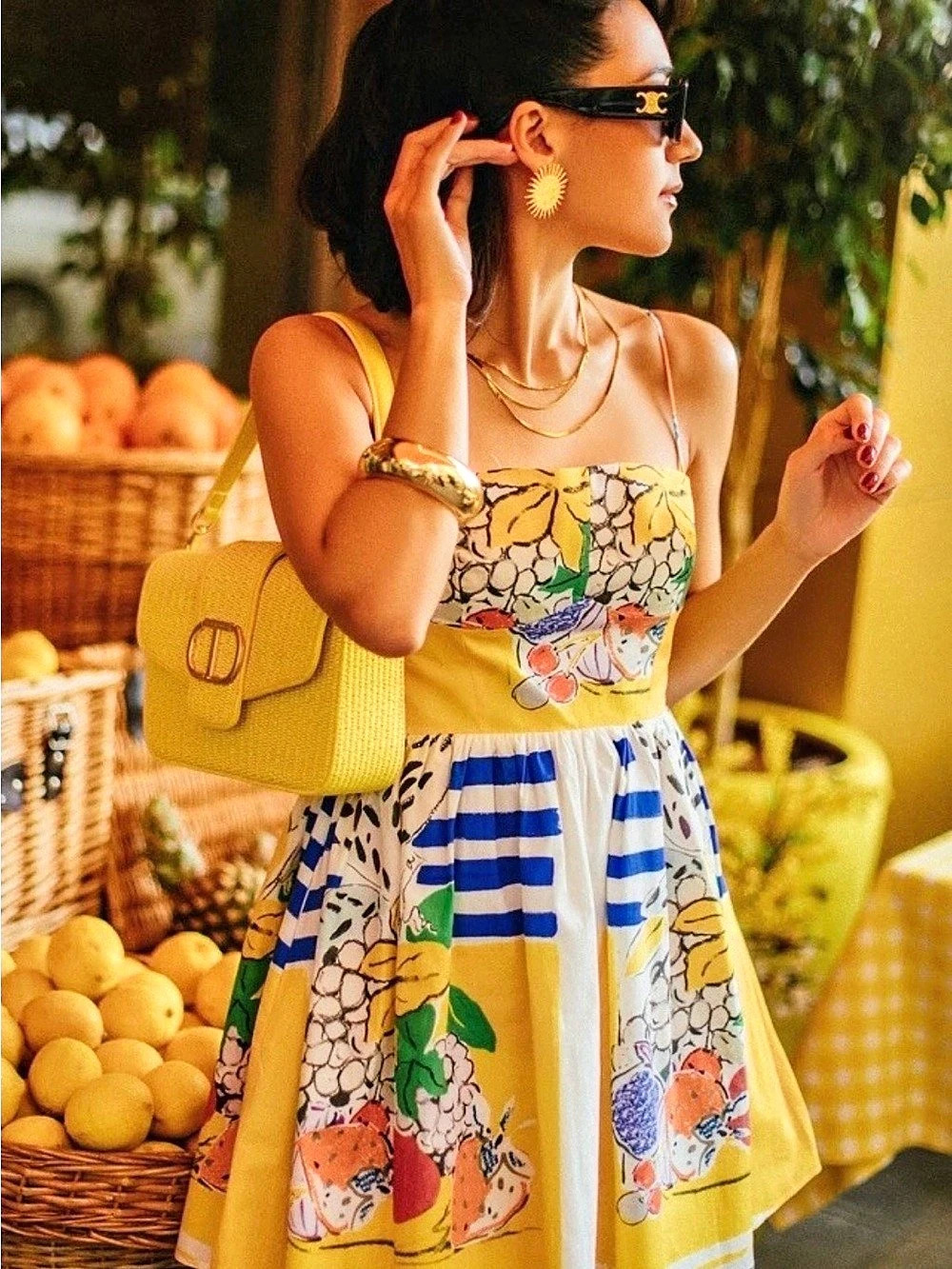Zara Fruit Print Poplin Dress Floral Mini Yellow & Blue Medium NWT extra small